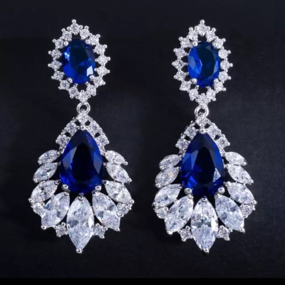 Blue Tear Drop Sapphire Crystal Silver Earrings - Picture 16 of 16